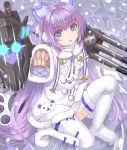  1girl azur_lane bangs blue_bow blue_eyes blush boots bow brown_sweater commentary_request dress eyebrows_visible_through_hair fur-trimmed_dress fur-trimmed_sleeves fur_trim glowing glowing_eyes hair_between_eyes long_hair long_sleeves looking_at_viewer one_knee parted_lips purple_hair revision sleeves_past_fingers sleeves_past_wrists snowing solo sweater tashkent_(azur_lane) thigh-highs thigh_boots tsukino_neru very_long_hair white_dress white_footwear white_legwear wide_sleeves 