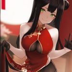  1girl bangs bare_shoulders black_gloves black_hair blush breasts china_dress chinese_clothes closed_mouth dress floral_print gloves green_eyes half_gloves hayabusa highres large_breasts long_hair looking_at_viewer original red_dress side_bun slit_pupils smile solo 