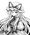  1girl arm_garter bow breasts closed_mouth dress eyebrows_visible_through_hair eyes_visible_through_hair frilled_hat frills greyscale hair_between_eyes hair_bow hat hat_ribbon highres long_hair long_sleeves looking_at_viewer mob_cap monochrome puffy_sleeves ribbon simple_background smile solo tabard touhou upper_body user_mecx3723 white_dress yakumo_yukari 