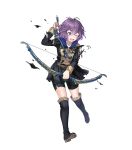  1girl arrow bernadetta_von_varley boots bow_(weapon) crying epaulettes fire_emblem fire_emblem:_three_houses fire_emblem_heroes full_body highres official_art one_eye_closed open_mouth purple_hair quiver short_hair solo thigh-highs torn_clothes transparent_background violet_eyes weapon 
