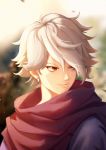  1boy absurdres blurry blurry_background brown_eyes earrings hair_over_one_eye highres jewelry male_focus messy_hair octopath_traveler outdoors portrait red_scarf scarf short_hair simple_background solo therion_(octopath_traveler) white_hair ynotl 
