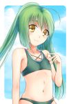  1girl a_k_1 ahoge bikini blush day flat_chest flower_knight_girl green_hair hand_up long_hair looking_at_viewer mint_(flower_knight_girl) navel outdoors smile solo standing swimsuit yellow_eyes 