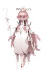  1girl aerobe10 animal_ears bangs blue_eyes bow braid crown_of_thorns crying crying_with_eyes_open dress floating hair_between_eyes halo highres long_hair original pink_hair ribbon solo staff tears white_background white_dress 