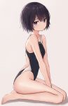  1girl back_cutout bare_arms bare_shoulders barefoot between_legs black_eyes black_hair breasts closed_mouth collarbone commentary_request competition_swimsuit expressionless from_side highres looking_at_viewer looking_to_the_side one-piece_swimsuit original short_hair sitting small_breasts solo swimsuit thighs v_arms wet zuima 
