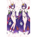  1girl ankle_ribbon bangs bare_shoulders barefoot_sandals blush bob_cut breasts bridal_gauntlets closed_mouth collarbone cup dakimakura erspace eyeliner fate/grand_order fate_(series) full_body headpiece horns japanese_clothes jar kimono legs long_sleeves looking_at_viewer makeup navel oni oni_horns open_clothes open_kimono open_mouth petals purple_hair purple_kimono red_ribbon revealing_clothes ribbon sakazuki short_eyebrows short_hair shuten_douji_(fate/grand_order) skin-covered_horns smile tongue tongue_out violet_eyes wide_sleeves 