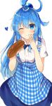  1girl absurdres apron aqua_(konosuba) bangs blue_apron blue_eyes blue_hair blue_neckwear blue_ribbon blush breasts commentary_request eyebrows_visible_through_hair food highres holding holding_food kobeya kono_subarashii_sekai_ni_shukufuku_wo! koubeya_uniform long_hair one_eye_closed ribbon shirt short_sleeves simple_background tongue tongue_out white_background white_shirt yuno_(suke_yuno) 