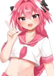  1boy astolfo_(fate) black_bow black_ribbon bow braid fang fate/apocrypha fate_(series) hair_between_eyes hair_intakes highres long_braid looking_at_viewer male_focus midriff multicolored_hair navel otoko_no_ko pink_hair red_sailor_collar ribbon sailor_collar simple_background single_braid skin_fang solo streaked_hair v violet_eyes white_background zenchi_(061799) 