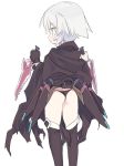 1girl :o ass bandaged_hands bandages bangs black_cloak black_gloves black_legwear black_panties blade_(galaxist) blush cloak commentary_request dagger dual_wielding eyebrows_visible_through_hair fate/apocrypha fate_(series) fingerless_gloves gloves green_eyes hair_between_eyes holding holding_dagger holding_weapon jack_the_ripper_(fate/apocrypha) looking_away looking_to_the_side panties parted_lips profile sheath sheathed short_hair silver_hair simple_background single_glove solo standing thigh-highs underwear wardrobe_error weapon white_background 