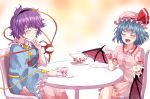  2girls abstract_background arm_up bat_wings blue_skirt blush chair closed_eyes colored_eyelashes commentary_request crossed_legs cup fang frilled_sleeves frills gradient gradient_background hair_ornament hairband hat hat_ribbon heart heart_hair_ornament holding holding_cup komeiji_satori long_sleeves mob_cap multiple_girls open_mouth pink_headwear pink_shirt pink_skirt pointy_ears purple_hair remilia_scarlet ribbon saucer shirt short_hair sitting skirt skirt_set smile sunyup table teacup teapot third_eye touhou wide_sleeves wings wrist_cuffs 