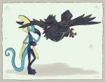  bird blush border closed_eyes corviknight creature flying full_body gen_8_pokemon grey_border inteleon no_humans pokemon pokemon_(creature) shiwo_(siwosi) simple_background standing white_background 