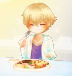  1boy :t ^_^ blonde_hair blush child_gilgamesh closed_eyes eating eyebrows_visible_through_hair fate_(series) food food_on_face fork hair_between_eyes highres hood hoodie smile solo soumen_nigoki 