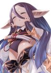  absurdly_long_hair black_hair clouds feff672166 granblue_fantasy hands_on_own_cheeks hands_on_own_face harvin highres long_hair open_mouth pointy_ears rei_(granblue_fantasy) shiny shiny_skin sidelocks thighs very_long_hair 