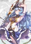  1girl animal_ears armpits blue_hair breasts commentary_request erune ferry_(granblue_fantasy) gloves granblue_fantasy hong_(white_spider) large_breasts long_hair pantyhose patreon_username rabbit_ears revision sideboob skirt solo sword wavy_hair weapon 