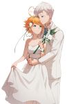  1boy 1girl ahoge artist_name bare_shoulders blue_eyes blue_neckwear blush breasts dress emma_(yakusoku_no_neverland) flower formal green_eyes grey_hair hair_flower hair_ornament hetero highres holding holding_flower neck_tattoo necktie norman_(yakusoku_no_neverland) orange_hair short_hair skirt_hold small_breasts standing suit tagatsu tattoo wedding_dress white_dress white_flower white_suit x_hair_ornament yakusoku_no_neverland 