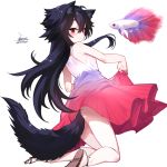  1girl animal_ears black_hair commentary_request dress ejami ekko_(ejami) fish fox_ears fox_girl fox_tail full_body gradient_clothes gradient_dress kneeling long_hair original red_eyes sandals siamese_fighting_fish skirt_hold sleeveless sleeveless_dress smile tail 