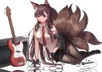  1girl absurdres akagi_(azur_lane) alternate_costume animal_ears azur_lane blush breasts brown_hair candy electric_guitar eyebrows_visible_through_hair food fox_ears fox_tail guitar highres instrument large_breasts long_hair looking_at_viewer microphone multiple_tails necktie pleated_skirt red_eyes shirt simple_background sitting skirt sleeveless sleeveless_shirt smile solo tail tlgn001018 white_background 