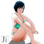  1girl aqua_bikini artist_name barefoot bikini black_eyes black_hair blush breasts full_body highres knees_up large_breasts leg_hug looking_at_viewer original otoko-jyuku parted_lips shadow short_hair sitting solo swimsuit wet white_background 