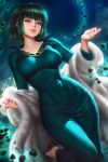  1girl breasts collarbone covered_navel curvy dress fubuki_(one-punch_man) fur_coat green_dress green_eyes green_hair jewelry large_breasts leg_up looking_at_viewer necklace nudtawut_thongmai one-punch_man parted_lips short_hair smile solo wide_hips 