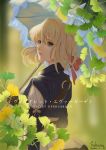  1girl ahoge bangs blonde_hair blue_jacket closed_mouth flower green_eyes guanyu hair_between_eyes hair_intakes hair_ribbon holding holding_umbrella jacket leaf looking_back parasol red_ribbon ribbon umbrella violet_evergarden violet_evergarden_(character) white_neckwear 