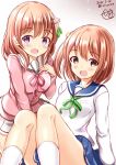  2girls :d bangs blue_sailor_collar blue_skirt blush breasts brown_background brown_eyes brown_hair cardigan company_connection crossover dated eyebrows_visible_through_hair gochuumon_wa_usagi_desu_ka? gradient gradient_background green_ribbon hair_between_eyes hair_ornament hairclip highres hoto_cocoa knees_up koisuru_asteroid konohata_mira manga_time_kirara manga_time_kirara_carat medium_breasts multiple_girls neck_ribbon one_side_up open_mouth pink_cardigan pink_ribbon pleated_skirt ribbon sailor_collar school_uniform serafuku shirt signature sitting skirt smile socks star star_hair_ornament twitter_username violet_eyes white_background white_legwear white_sailor_collar white_shirt white_skirt zenon_(for_achieve) 