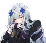  1girl assault_rifle bangs blush girls_frontline gloves green_eyes gun h&amp;k_hk416 hana09487817 hk416_(girls_frontline) light_blue_hair long_hair looking_down military military_operator military_uniform rifle solo uniform weapon white_background white_gloves 