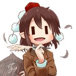  1girl avatar_icon bird_wings brown_hair chamaji commentary eyebrows_visible_through_hair feathered_wings feathers hair_between_eyes hat holding holding_pen jacket looking_at_viewer lowres open_mouth pen pointy_ears pom_pom_(clothes) quill shameimaru_aya short_hair signature smile solo suit_jacket tengu tokin_hat touhou upper_body white_background wings ||_|| 