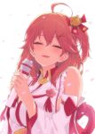 ahoge bare_shoulders bell blush breasts closed_eyes detached_sleeves frills hair_bell hair_ornament hair_over_shoulder hairclip hakui_ami highres holding holding_microphone hololive long_hair microphone one_side_up petals pink_hair sakura_miko upper_body virtual_youtuber 