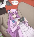  2girls bangs blue_bow blue_ribbon blunt_bangs book bow breasts commentary couch crescent crescent_moon_pin english_commentary equal_sign hair_bow handheld_game_console hat hat_ribbon highres holding holding_book koakuma large_breasts long_hair long_sleeves lying mata_(matasoup) mob_cap multiple_girls nintendo_switch on_back out_of_frame patchouli_knowledge pig playing_games purple_hair red_ribbon ribbon thought_bubble touhou very_long_hair violet_eyes 