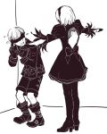  1boy 1girl backless_outfit blindfold boots covered_eyes english_commentary flying_sweatdrops greyscale hairband high_heel_boots high_heels highres jacket juliet_sleeves long_sleeves meme monochrome nier_(series) nier_automata puffy_sleeves sakuramochixninja scared short_hair shorts standing t-pose thigh-highs thigh_boots yorha_no._2_type_b yorha_no._9_type_s 