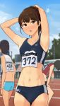  3girls adjusting_hair brown_eyes brown_hair day heavy_breathing highres looking_at_viewer multiple_girls nipples original otayama outdoors ponytail standing tired track_and_field 