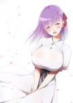  1girl bangs black_ribbon blush breasts dress fate_(series) hair_ribbon kurikara large_breasts long_hair looking_at_viewer matou_sakura open_mouth petals purple_hair red_ribbon ribbon short_sleeves simple_background smile solo violet_eyes white_background white_dress 