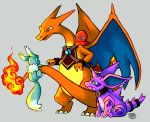  2014 alternate_color blue_eyes charizard charmander chibi-castform claws creature dragon eevee eye_contact fangs fiery_tail fire flame full_body gen_1_pokemon green_eyes grey_background horns looking_at_another nidorino no_humans pokemon pokemon_(creature) pokemon_on_tail shiny_pokemon signature simple_background sitting standing tail yellow_eyes 