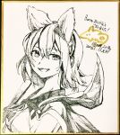  1girl :d bangs breasts cape commentary_request dated earmuffs eyebrows_visible_through_hair hair_between_eyes highres looking_at_viewer medium_breasts medium_hair monochrome pointy_hair ritual_baton signature sketch smile solo syuri22 touhou toyosatomimi_no_miko traditional_media upper_body 