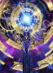  abs absurdres blue_eyes blue_hair bracelet clock crossed_legs dies_irae dies_irae_pantheon fujii_ren g_yuusuke gears gold_trim highres jewelry looking_at_viewer official_art smile solo space star_(sky) throne waist_cape 