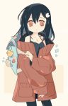  1girl backpack bag bag_charm bangs bare_shoulders black_hair blush charm_(object) coat hair_ornament keychain melanbread open_mouth original red_coat red_eyes school_bag short_hair simple_background sleeves_past_wrists solo 