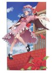  1girl absurdres bare_legs blue_hair blue_sky clock clock_tower clouds cloudy_sky day demon_wings dress floating flower frilled_dress frills full_body goback grin hair_between_eyes hat hat_ribbon highres lavender_hair legs looking_at_viewer midair outdoors pink_dress puffy_short_sleeves puffy_sleeves red_eyes red_flower red_nails red_ribbon red_rose remilia_scarlet ribbon ribbon-trimmed_dress rose short_sleeves sky smile solo thighs touhou tower upskirt vampire wings 