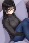  1girl bangs black-framed_eyewear black_hair black_sweater blush breasts closed_mouth commentary_request couch denim eyebrows_visible_through_hair feet_out_of_frame glasses huyumitsu jeans knees_up large_breasts long_hair long_sleeves on_couch original pants red_eyes sitting solo sweater turtleneck turtleneck_sweater 