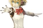  1girl aegis_(persona) android blonde_hair blue_eyes bow breasts closed_mouth looking_at_viewer persona persona_3 ribbon robot_joints rotya short_hair simple_background smile solo white_background 