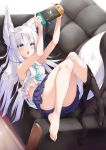  1girl :o animal_ear_fluff animal_ears arm_support armpits arms_up bangs bare_arms bare_shoulders barefoot black_legwear blue_eyes blue_neckwear blue_skirt blush brand_name_imitation commentary_request convenient_leg couch earphones eyebrows_visible_through_hair fox_ears fox_girl fox_tail full_body highres holding knees_together_feet_apart knees_up long_hair lying miniskirt necktie nintendo_switch on_back on_couch open_mouth original pantyhose pantyhose_around_one_leg pantyhose_pull playing_games pleated_skirt shirt silver_hair skirt sleeveless sleeveless_shirt solo tail very_long_hair white_shirt yuki_kawachi 