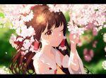  1girl ametama_(runarunaruta5656) anime_coloring arm_up bangs blurry blurry_background blush bow brown_eyes brown_hair cherry_blossoms commentary cravat dappled_sunlight depth_of_field detached_sleeves flower hair_bow hair_tubes hakurei_reimu highres holding holding_flower letterboxed long_hair looking_at_viewer one_eye_closed petals ponytail red_vest smile solo standing sunlight touhou upper_body vest yellow_neckwear 