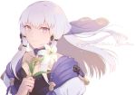  1girl closed_mouth fire_emblem fire_emblem:_three_houses flower hair_ornament happy_birthday holding holding_flower long_hair lysithea_von_ordelia namerow_chang pink_eyes simple_background smile solo upper_body white_background white_hair 