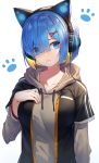  1girl animal_ears bangs black_jacket blue_eyes blue_hair blush breasts brown_hoodie cat_ear_headphones cat_ears collarbone commentary_request drawstring eyebrows_visible_through_hair eyes_visible_through_hair fake_animal_ears glowing hair_ornament hair_over_one_eye hairclip hand_up headphones highres hood hood_down hoodie jacket long_sleeves looking_at_viewer medium_breasts open_clothes open_jacket parted_lips re:zero_kara_hajimeru_isekai_seikatsu rem_(re:zero) short_over_long_sleeves short_sleeves simple_background smile solo sugar_(dndi888) upper_body white_background x_hair_ornament 