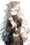  1girl animal_ears artist_name braid chain clouds collar flower glasses gothic highres holding holding_hair long_hair looking_at_viewer oomori_(kswmr) open_mouth original signature simple_background solo white_background 