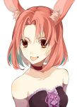  1girl animal_ear_fluff animal_ears bangs bare_shoulders chisumi choker corset elbow_gloves gloves grey_gloves looking_at_viewer original parted_bangs pink_ribbon rabbit_ears red_choker red_eyes redhead ribbon short_hair simple_background solo tongue tongue_out upper_body white_background 