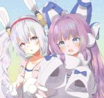  2girls absurdres animal_ears azur_lane bangs blue_eyes blush coat dress earmuffs eyebrows_visible_through_hair fake_animal_ears fur_trim gradient gradient_background hair_between_eyes hair_ornament hair_ribbon hairband highres laffey_(azur_lane) long_hair long_sleeves looking_at_viewer multiple_girls open_mouth poppypilf purple_hair rabbit_ears red_eyes ribbon silver_hair sleeves_past_wrists sweater tashkent_(azur_lane) twintails very_long_hair white_coat winter_clothes 