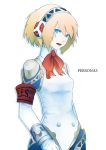  1girl aegis_(persona) android blauer blonde_hair blue_eyes bow breasts looking_at_viewer open_mouth persona persona_3 ribbon robot_joints short_hair simple_background solo white_background 