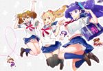  3girls :d \m/ absurdres animal_print bag bear_panties bear_print blonde_hair blue_legwear blue_sailor_collar blue_skirt bow bowtie brown_eyes brown_footwear brown_hair camera chibi chibi_inset choker dual_persona el-zheng fang floating_hair grey_background grey_legwear hair_bow hands_up heart heart-shaped_pupils highres holding holding_hands jumping loafers long_hair looking_at_viewer medium_hair midriff_peek multiple_girls navel o-ring o-ring_choker open_mouth original outline panties pantyshot pantyshot_(jumping) parted_lips pleated_skirt print_panties purple_bow purple_hair red_neckwear sailor_collar school_uniform serafuku shirt shoes shoulder_bag skin_fang skirt smile socks string symbol-shaped_pupils thigh-highs twintails two_side_up underwear violet_eyes white_panties white_shirt 