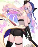  1girl animal_ears black_gloves black_shorts blue_eyes braid breasts bug butterfly fingerless_gloves gloves granblue_fantasy hair_ornament hair_over_one_eye highres hood horns insect large_breasts lavender_hair looking_at_viewer narmaya_(granblue_fantasy) ootachi pig_ears poligon_(046) shorts sideboob simple_background single_thighhigh solo thigh-highs thigh_strap white_background 