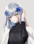  1girl black_shirt blush bow bowtie braid girls_frontline green_eyes hair_ornament hana09487817 hand_in_hair hk416_(girls_frontline) long_hair long_sleeves looking_at_viewer shirt silver_hair simple_background solo teardrop tying_hair white_background 