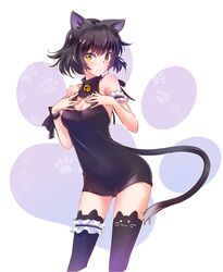  1girl animal_ears arm_garter bell black_dress black_hair black_legwear blake_belladonna cat_cutout cat_ears cat_tail dress halter_dress highres iesupa ribbon rwby short_hair single_garter solo tail thigh-highs yellow_eyes 